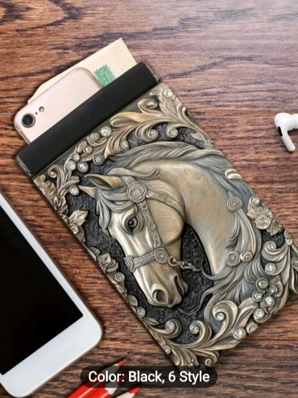 Elequent Equestrian Embossed Relief Horse Head Pocket Pouch For Phone/Cards Etc.